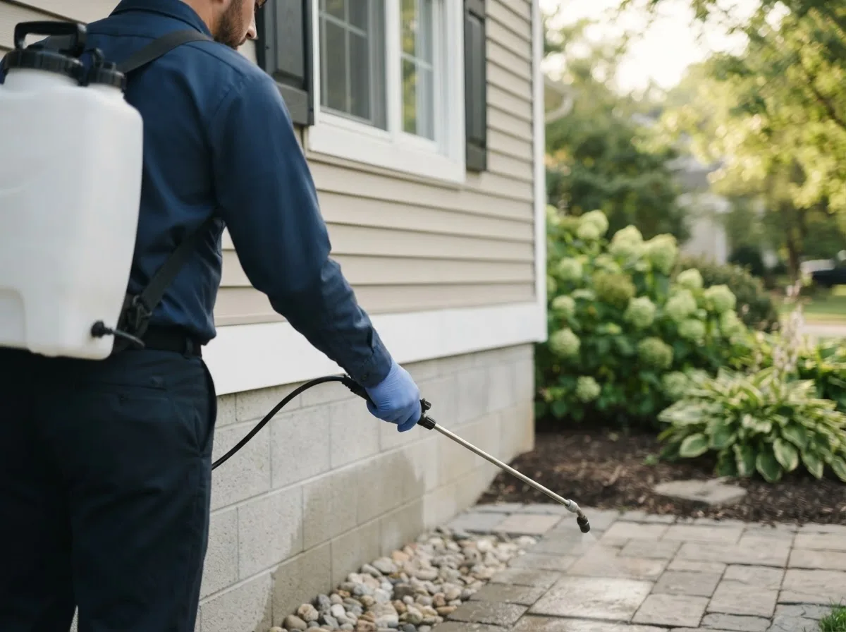 Pest control technician inspecting a home in Greene, IA
